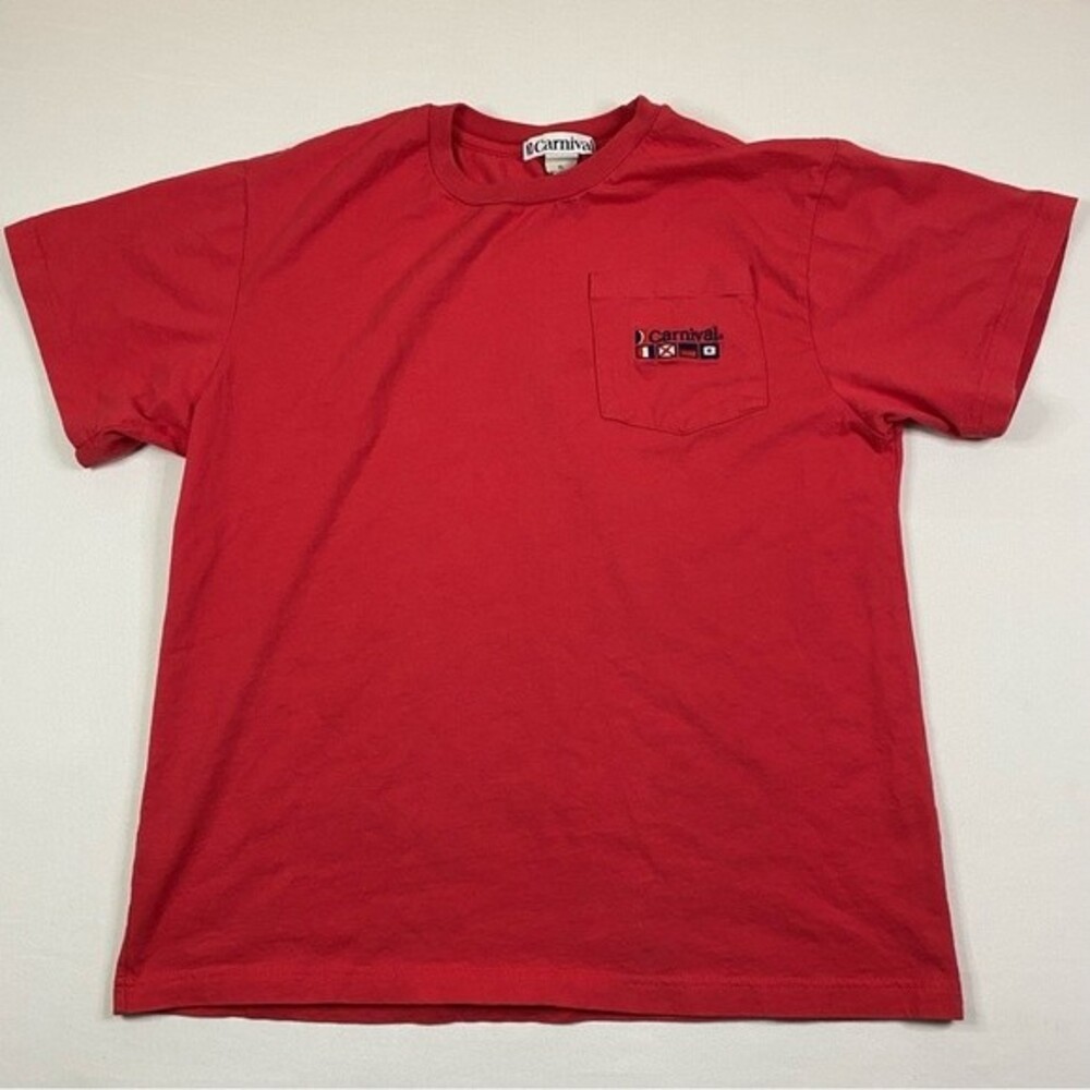 VTG Carnival Cruise Pocket T-Shirt Mens Small Red Embroidered Nautical Flags